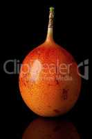 Whole tamarillo vertically with reflection isolated on black