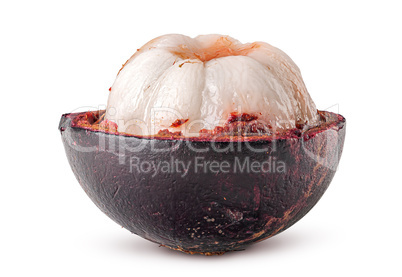 Ripe opened mangosteen front view rotated isolated on white
