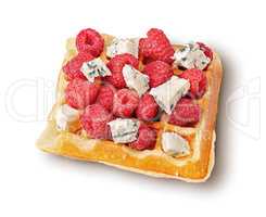 French waffles with raspberries and dorblu cheese top wiev