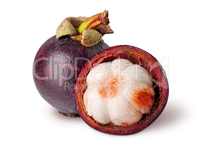 Whole and open mangosteen isolated on white