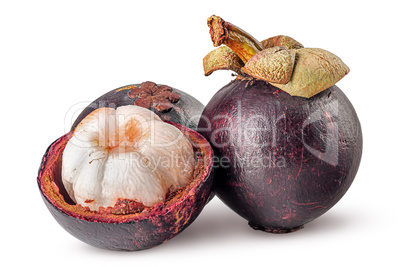 Two whole and opened mangosteen isolated on white