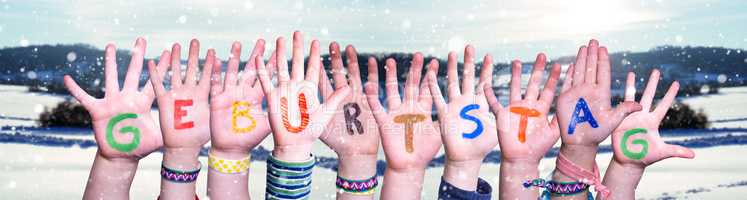 Children Hands Building Word Geburtstag Means Birthday, Snowy Winter Background