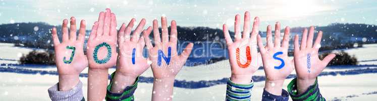 Children Hands Building Word Join Us, Snowy Winter Background