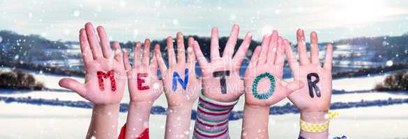 Children Hands Building Word Mentor, Snowy Winter Background