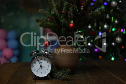 New year cozy interior with Christmas tree and garlands