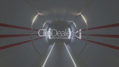 Tracking shot through an illuminated corridor to an opening airlock, 3d animation