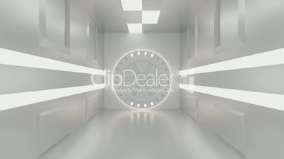 Tracking shot through an illuminated corridor to an opening airlock, 3d animation