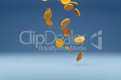 Falling golden dollar coins on a blue background