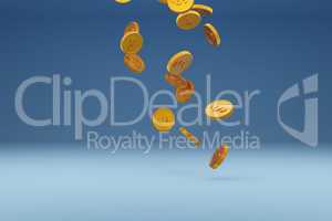 Falling golden dollar coins on a blue background