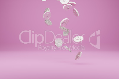 Falling silver dollar coins on a pink background