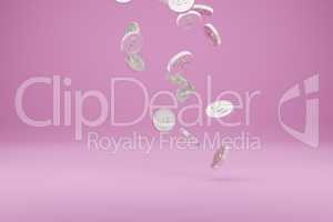 Falling silver dollar coins on a pink background