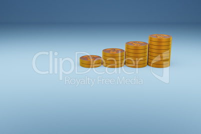 Stacked golden dollar coins on a blue background