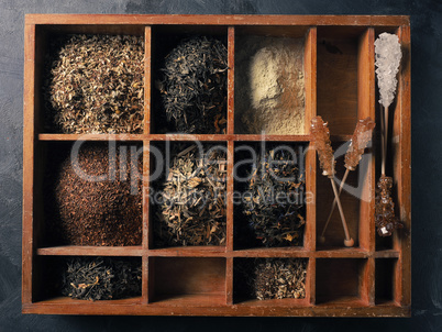 Different kinds of tea in the wooden box