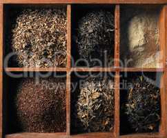 Different kinds of tea in the wooden box