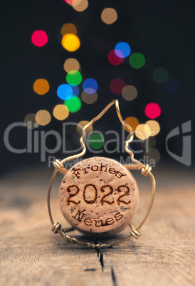 Cork of champagne bottle with German inscription Happy New Year