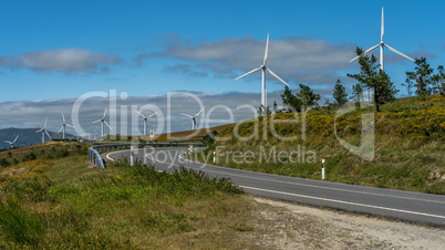 View of wind turbines energy production near the Atlantic Ocean, Spain.
