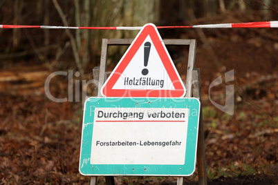 Forest. Text in German: Logging. Acces denied. Forestry work - danger to life.