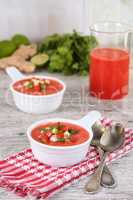 Watermelon tomato gazpacho in bowls