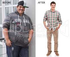 Kicking diabetes to the curb. Before and after shot of a young mans weight loss.
