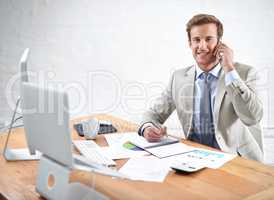 Handling your assets like he would his own. Portrait of a young businessman talking on the phone while writing at his desk.