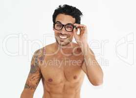 Come closer so I can see you better. Portrait of bare-chested man wearing retro glasses isolated on white.