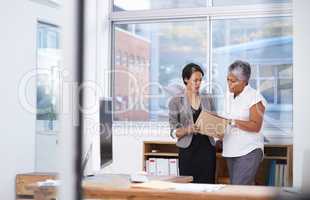 Discussing the details of their business proposal. Shot of two businesswomen discussing paperwork in the office.