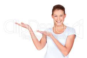 I fully endorse this as awesome. A pretty young woman presenting something to you while isolated on white.