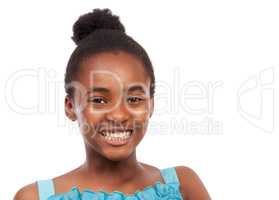 Shes always a great kid. Head and shoulders studio portrait of a happy-looking young african american girl isolated on white.