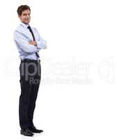 Confidently endorsing your copyspace. A handsome young businessman standing against a white background.