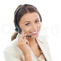 Assistance is her speciality. A beautiful young receptionist wearing a headset and isolated on a white background.