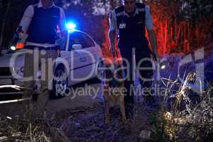 We found it. Shot of two policemen and their canine tracking a suspect through the brush at night.