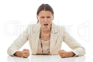 Ive had enough. A young businesswoman slamming her fists down in anger and frustration, isolated on white.