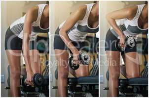 Stepping up her weight training routine. Series of images of a young woman lifting a dumbbell at the gym.