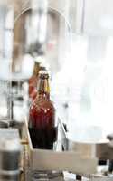 A delicious new brew. Shot of beer bottles on a production line at a brewery.