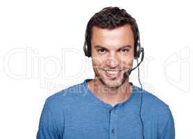 Ready to be of service. A casual male with a telecommunications headset on while smiling at the camera.