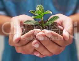 Nurturing new life. Shot of hands holding a pile of soil with a plant in.