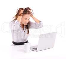 Oh no A virus. Frustrated businesswoman with a laptop in front of her - isolated on white.