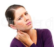 This tension is becoming a pain in the neck. Studio shot of a young woman in pain isolated on white.