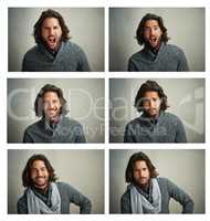 Me and my many moods. Composite portrait of a stylishly dressed man posing against a gray background in the studio.