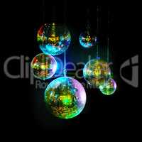 Mirror balls above dance floors. Awesome image of kaleidoscopic-looking disco balls hanging against a black background.