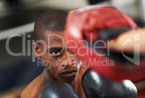 Eyes up here. A young boxer throwing a punch at his partners sparring glove.