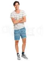 Sweet suitor. Handsome young man in t-shirt and shorts smiling at you, isolated on white - copyspace.