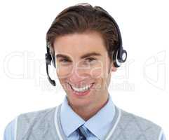 Here to help. A young call center agent smiling at you while isolated on white.