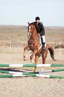 Poetry in motion. Shot of a rider leading her horse over a jump.