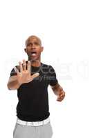 Whoa, not so fast. Studio shot of a upset african american man making a stopping gesture at the camera isolated on white.