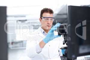 Making adjustments. A scientist looking intently at a microscope while wearing safety glasses.