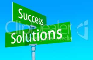 Road signs to success and solutions. Shot of two road signs reading Success and Solutions.