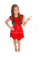 Shes got what you need. High angle shot of an attractive young woman pointing to the side against a white background.