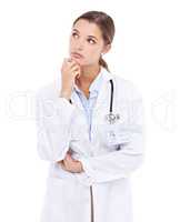 Struggling to make a concise diagnosis.... Thoughtful young female doctor isolated on white.