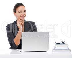 My trusted companion. Studio portrait of a young businesswoman and her laptop isolated on white.